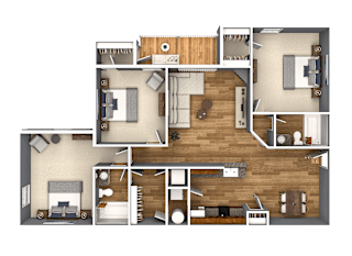 A detailed 3D floor plan of a house layout.
