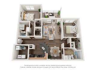 a 3d floor plan of a 3 bedroom apartment