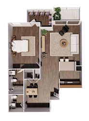 A top-down view of a house layout with a living room, kitchen, and two bedrooms.