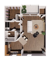 A top down view of a modern apartment layout with a kitchen, living room, and dining area.