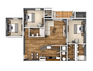 A detailed 3D floor plan of a house layout.