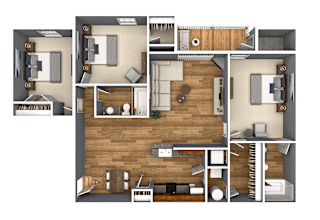 A detailed 3D floor plan of a house showing all rooms and furniture layout.