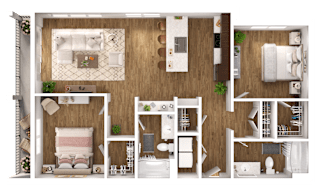 A detailed 3D floor plan of a modern apartment layout.