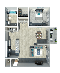A 3D rendered image of a modern apartment layout.
