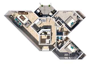A top down view of a house with a pool and a deck.
