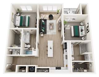 3D floor plan with two bedrooms and two bathrooms at Allure Apartments, Indiana, 46184