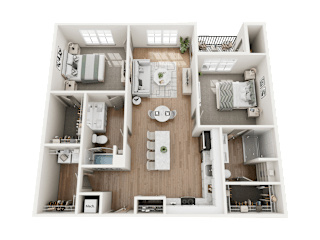 A top-down view of a two-bedroom apartment with a kitchen, living room, and bathroom.
