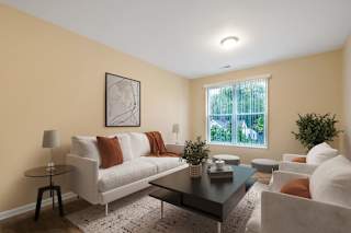 A living room with a white couch, a coffee table, and a small potted plant.
