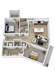 3D floor plan with two bedrooms and balcony at Current812 Apartments, Clarksville, IN 47129
