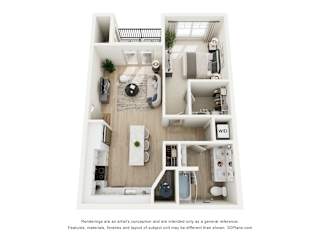 A 3D floor plan of a small apartment with a kitchen, living room, and bathroom.