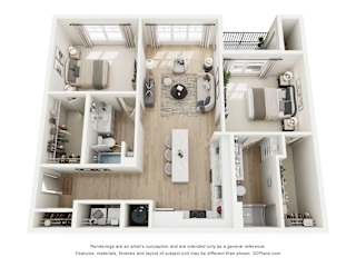 A 3D floor plan of a house with a kitchen, living room, and two bedrooms.