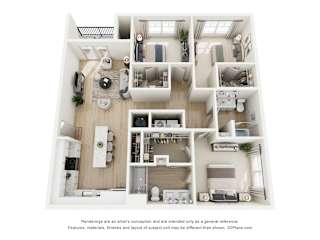 A 3D floor plan of a house with a kitchen, living room, and bedrooms.