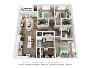 3 Bed, 2 Bath Floor Plans at The Remington, Lexington, 40511