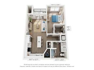 A floor plan of a small apartment with a bedroom, living room, and kitchen.