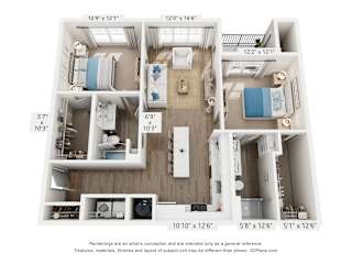 A 3D floor plan of a small apartment with a kitchen, living room, and two bedrooms.