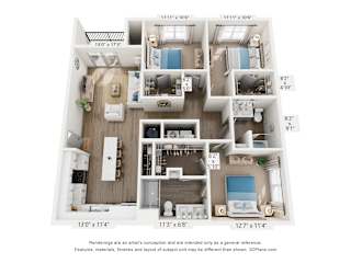 A 3D floor plan of a house with dimensions and room descriptions.