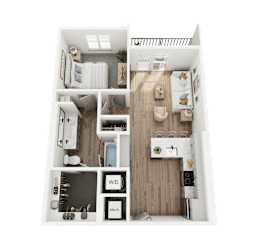 A 3D floor plan of a small apartment with a kitchen, living room, and bathroom.