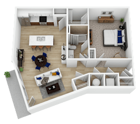 One bedroom 3D floor plan with bathroom at Current812 Apartments, Indiana, 47129