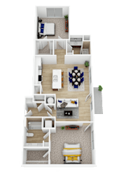 3D floor plan with two bedrooms and dining room at Current812 Apartments, Clarksville, IN
