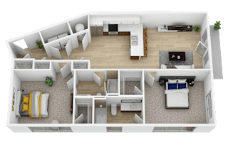 3D floor plan with two bedrooms and open kitchen at Current812 Apartments, Clarksville, 47129