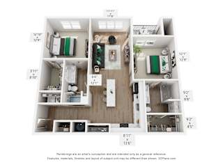 A floor plan of a small apartment with a kitchen, living room, and two bedrooms.