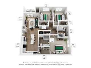 A 3D floor plan of a small apartment with a kitchen, living room, and bathroom.
