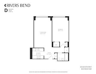 A floor plan for a rivers bend apartment with a living room, kitchen, and bedroom.