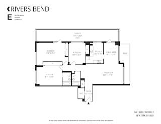 A floor plan for a Rivers Bend property shows two bedrooms, a living area, a kitchen, a terrace, and a garage.