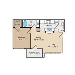 One bedroom one bathroom floor plan at Seven Oaks Apts Apartments, Garland, TX 75044