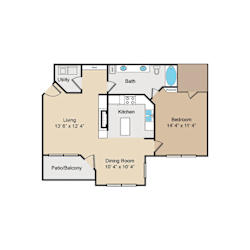 Apartment floor plan with living and dining areas at Seven Oaks Apts Apartments, Garland, Texas
