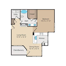 One bedroom floor plan with patio at Seven Oaks Apts Apartments, Garland