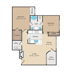 Two bedroom floor plan with shared bathroom at Seven Oaks Apts Apartments, Texas