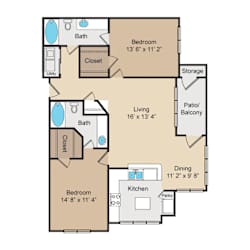 Two bedroom two bathroom apartment floor plan at Seven Oaks Apts Apartments, Texas, 75044