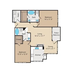 Two bedroom apartment layout with dual bathrooms at Seven Oaks Apts Apartments, Garland, TX 75044