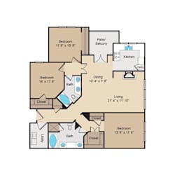 Three bedroom apartment floor plan layout at Seven Oaks Apts Apartments, Garland, 75044