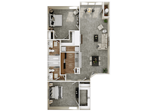 Two bedroom two bath 3D floor plan at Highland Park Apartments, Fort Worth