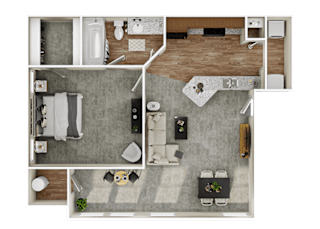 One bedroom one bath floor plan layout at Highland Park Apartments, Texas