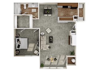 One bedroom apartment 3D floor plan at Highland Park Apartments, Texas, 76132