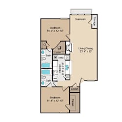 Two bedroom two bath floor plan layout at Highland Park Apartments, Fort Worth, TX 76132