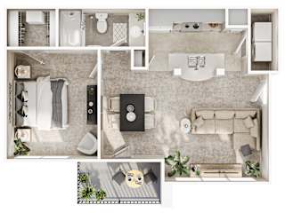 3D one bedroom apartment floor plan at Seven Oaks Apts Apartments, Garland, TX 75044