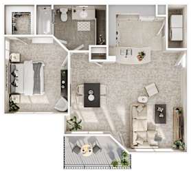 Modern one bedroom apartment floor plan with balcony at Seven Oaks Apts Apartments, Garland, 75044