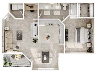 Two bedroom two bathroom floor plan at Seven Oaks Apts Apartments, Garland, Texas