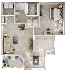 3D two bedroom apartment floor plan with balcony at Seven Oaks Apts Apartments, Garland