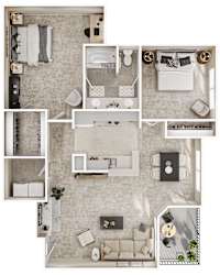 3D two bedroom two bathroom apartment layout at Seven Oaks Apts Apartments, Texas