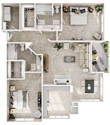 Three bedroom two bathroom apartment floor plan at Seven Oaks Apts Apartments, Garland, TX 75044