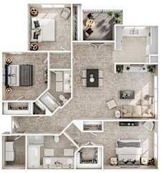 3D two bedroom floor plan with spacious layout at Seven Oaks Apts Apartments, Garland, TX