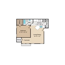 One bedroom apartment floor plan with sunroom at Highland Park Apartments, Texas, 76132