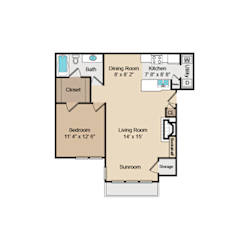 One bedroom apartment floor plan with balcony at Highland Park Apartments, Fort Worth, TX 76132