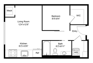 a floor plan of a studio apartment with a bedroom and a living room