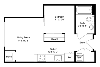 a floor plan of a room with a bedroom and a living room and a kitchen